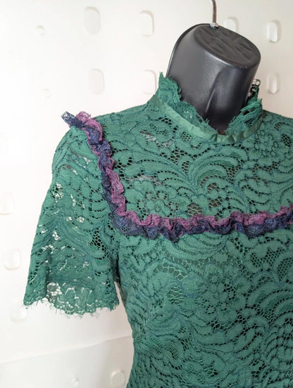 Sandro Paris Green Lace Mini Dress Keyhole Back Fitted