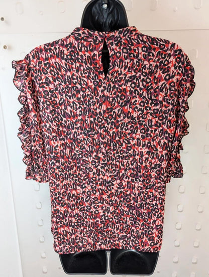 Karen Millen Leopard Print Blouse UK12 Pink Purple Ruffle Sleeve High Neck