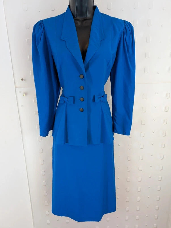 Vintage 80s Berkertex Occasions Electric Blue Peplum Skirt Suit UK8/10
