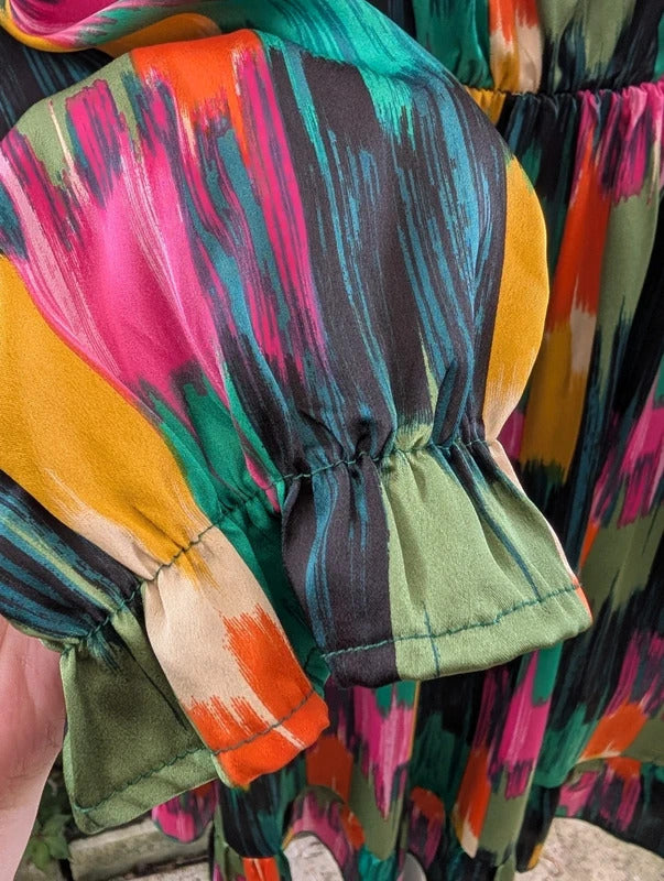 J S Millenium Satin Brush Stroke Wrap Mini Dress Large