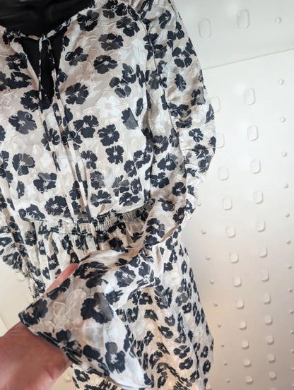 Ted Baker Black Floral Midi Dress Size 3 Shirred Waist Long Sleeve