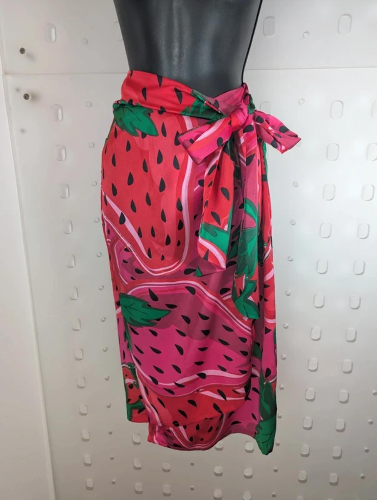 Never Fully Dressed Strawberry Print Satin Wrap Skirt Small