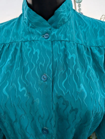 Vintage 1980s Teal Green Blouse With Tie Medium