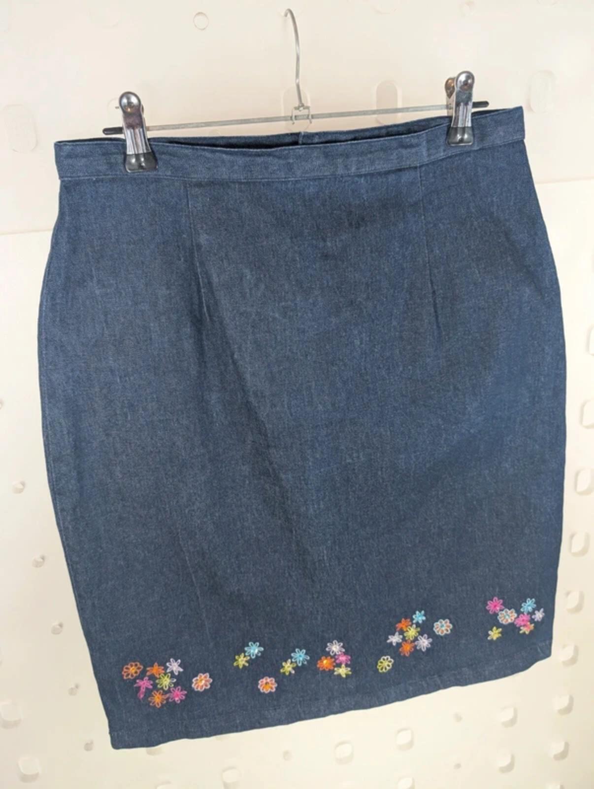 Joie de Vivre Denim Embroidered Pencil Skirt UK 12 Stretch Cotton
