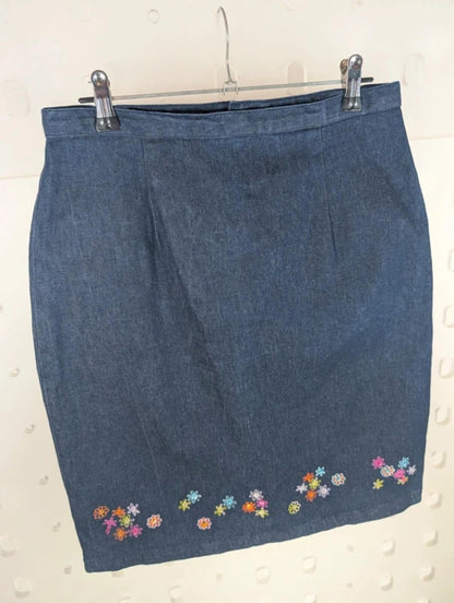 Joie de Vivre Denim Embroidered Pencil Skirt UK 12 Stretch Cotton