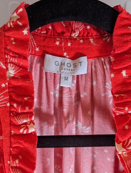 Ghost Shooting Star Print Blouse Coral Red White Medium