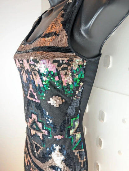 Evita Gold Sequin Bodycon Dress UK8 Pink Green Abstract Detail Party
