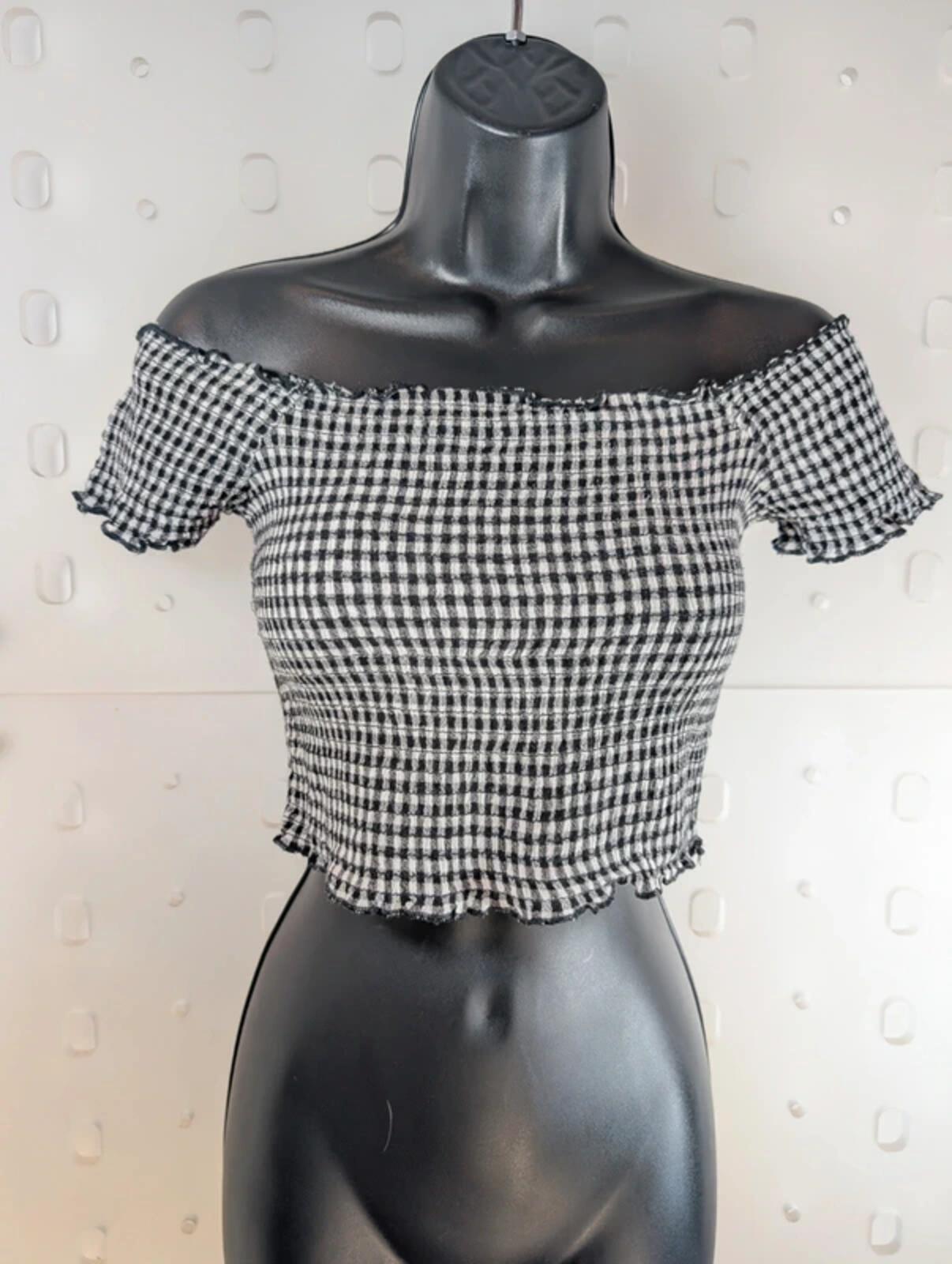 Pins & Needles Check Shirred Crop Top Off Shoulder S