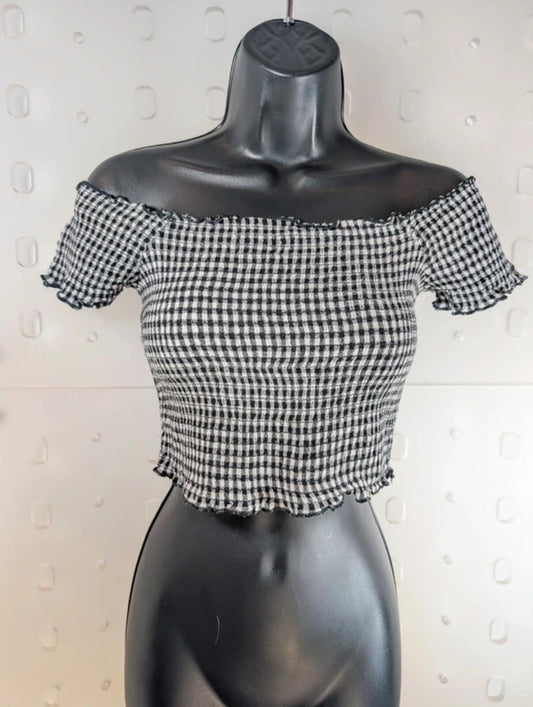 Pins & Needles Check Shirred Crop Top Off Shoulder S