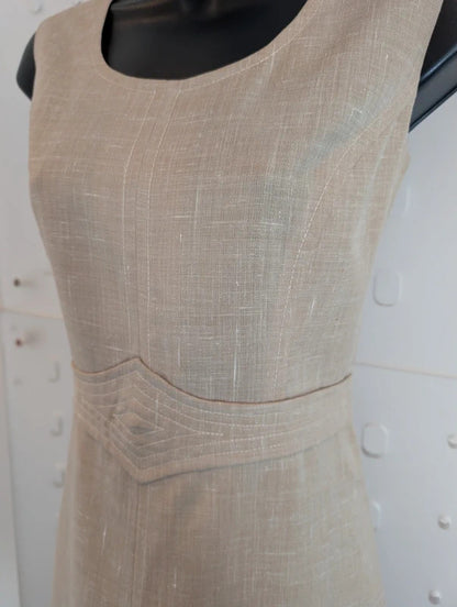Vintage Handmade Beige Dress Geometric Trim Approx UK10 / 12