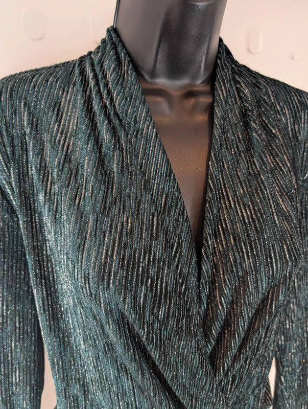 Rio & Rian Teal Green Silver Metallic Wrap Top Small
