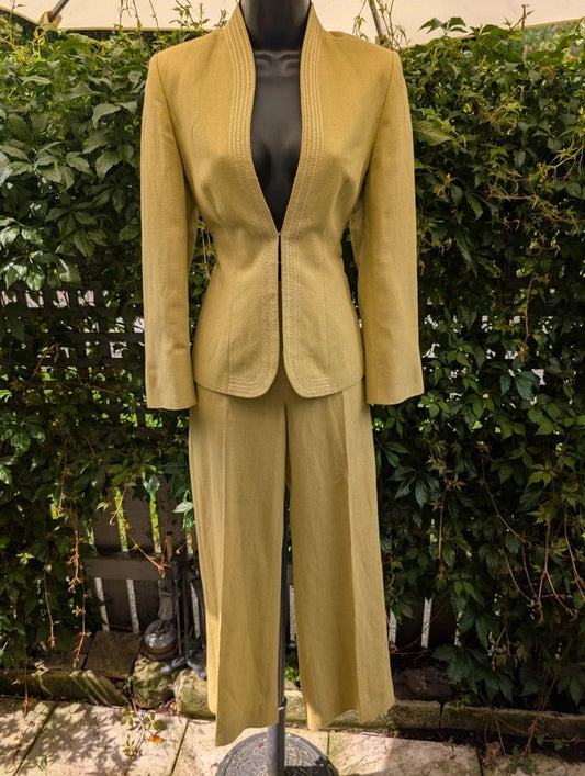 Vintage Wallis Petite Linen Blend Trouser Suit Lime Green UK8