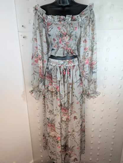 Sheer Floral Co-Ord Set Shirred Crop Top & Wide Leg Trousers Boho XS