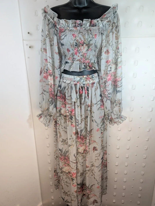 Sheer Floral Co-Ord Set Shirred Crop Top & Wide Leg Trousers Boho XS