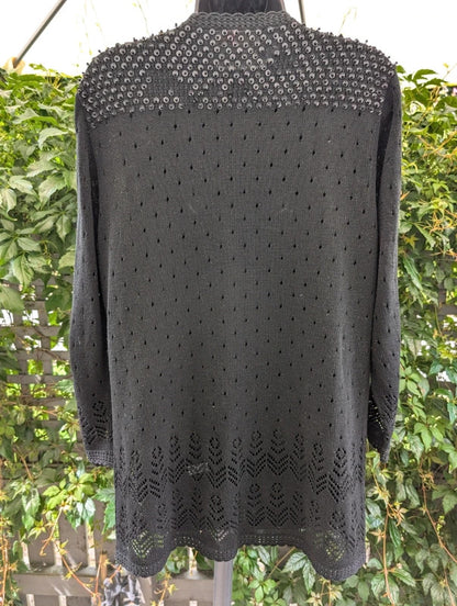 Vintage 1980s Hand Beaded Black Evening Cardigan Duster Handmade Shanghai Size M
