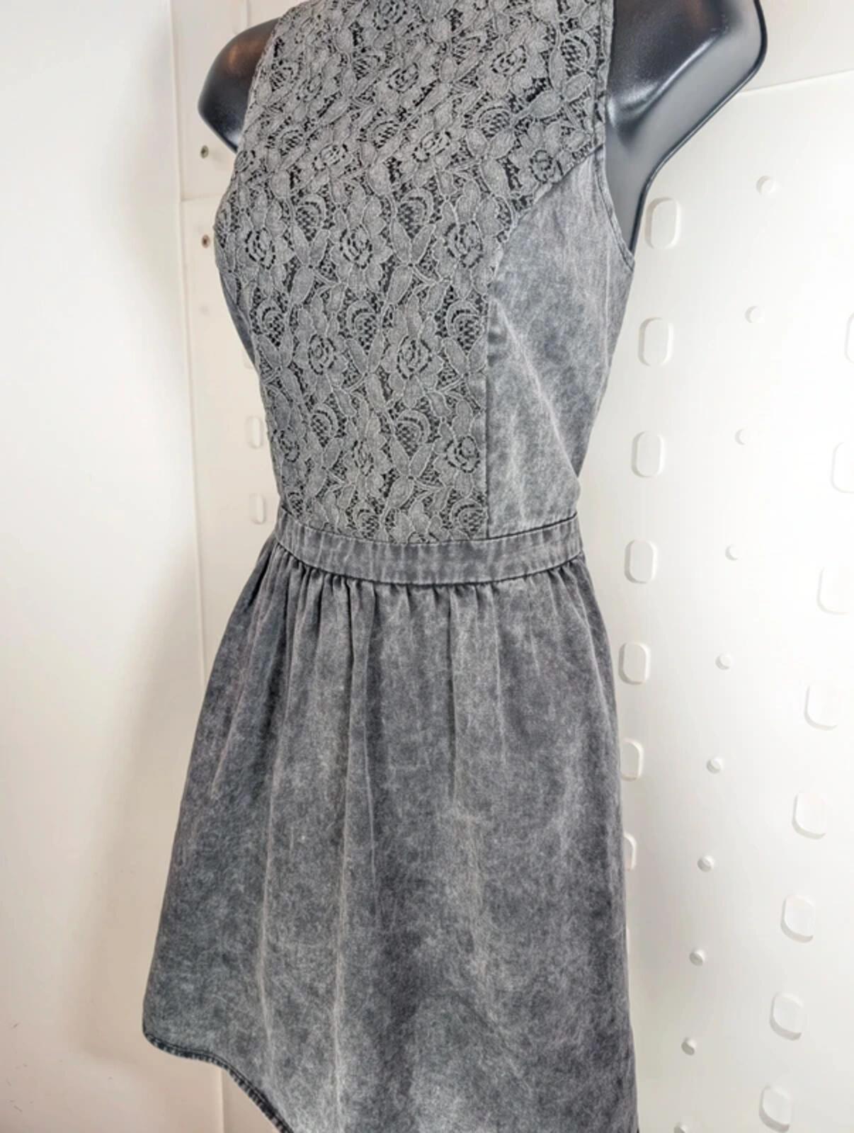 Neon Rose Charcoal Grey Denim Fit & Flare Dress Lace Bodice UK14