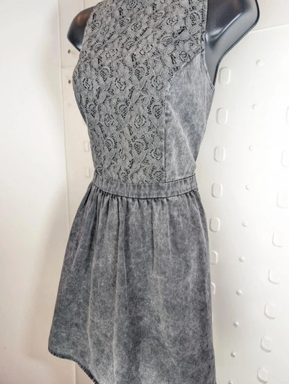 Neon Rose Charcoal Grey Denim Fit & Flare Dress Lace Bodice UK14