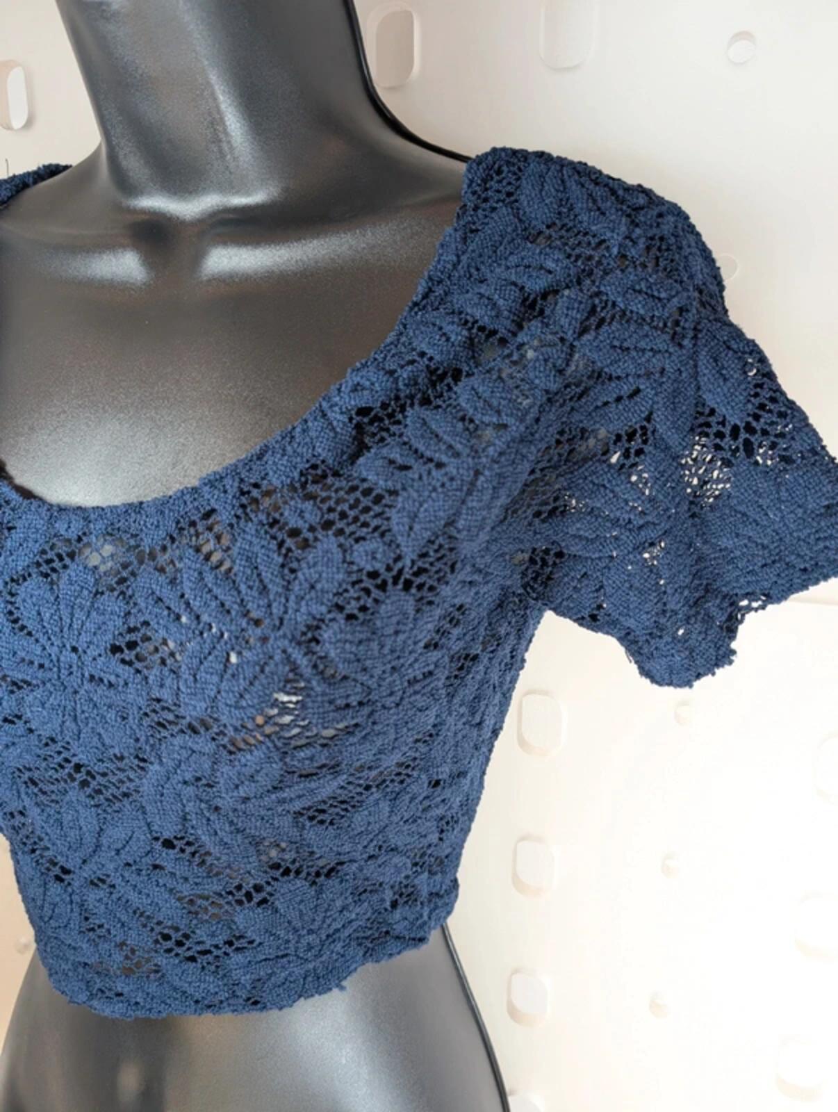 Navy Sheer Lace Crop Top – Micro Tee Festival Layering – XS/S