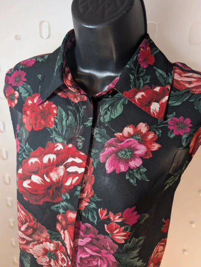 Sheer Black Floral Cropped Blouse – Boxy Fit Button Front – UK 10/12