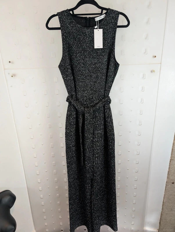 Mango Black Marl Wide Leg Belted Jumpsuit Size L NWT