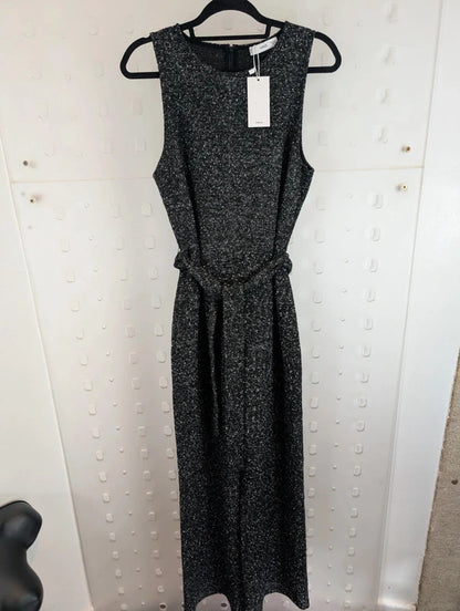 Mango Black Marl Wide Leg Belted Jumpsuit Size L NWT