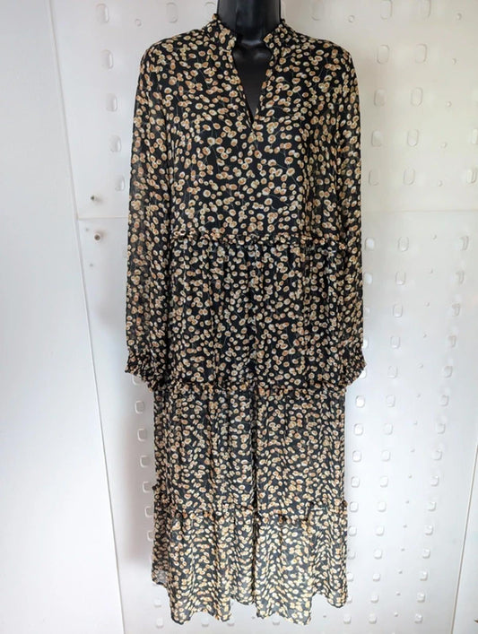 Y.A.S Yasclaris Sheer Daisy Print Maxi Dress Black Boho Floral Long Sleeve