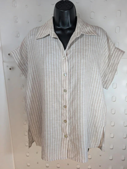 Eb & Ive Linen Shirt Beige Stripe Boxy Fit Size M