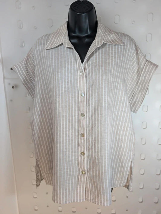 Eb & Ive Linen Shirt Beige Stripe Boxy Fit Size M