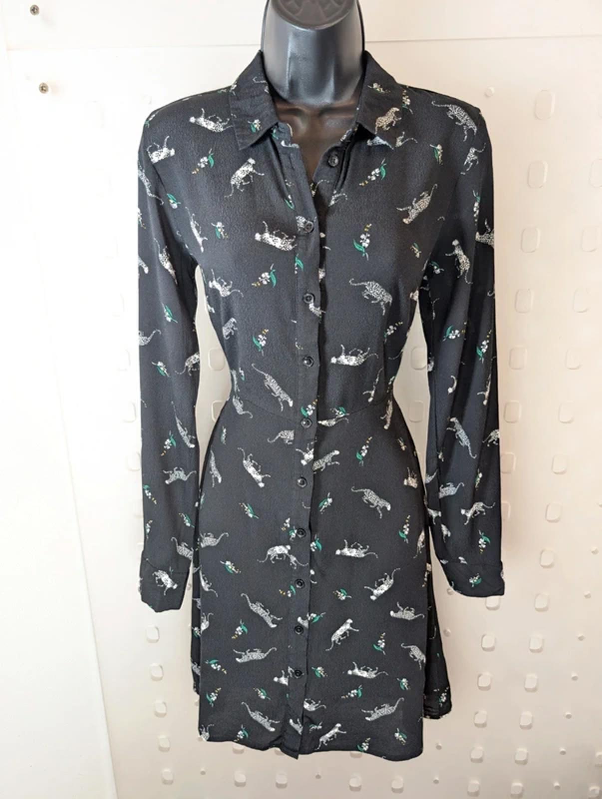 Warehouse Black & White Leopard Animal Print Dress UK8 Button Front Viscose