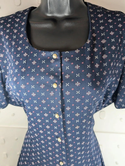 Vintage Berkertex Rose Tea Dress Navy Geometric Print UK14