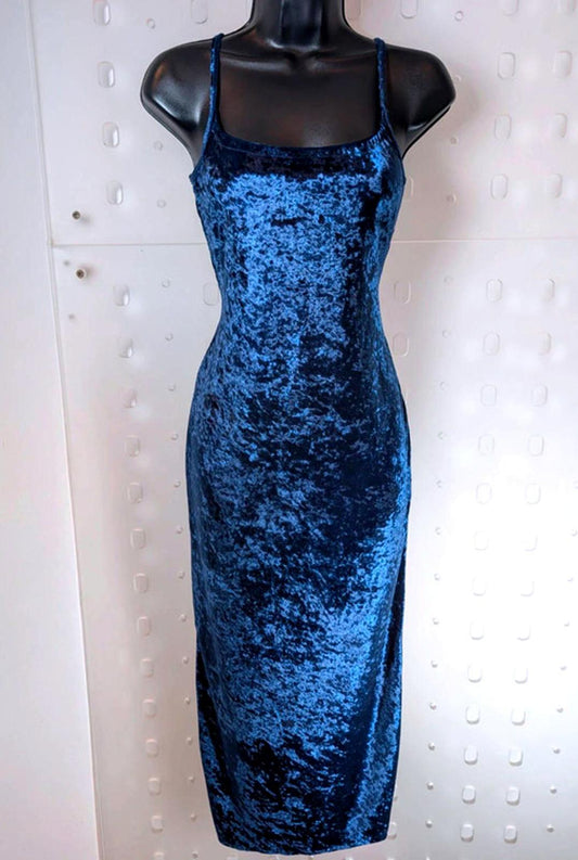 Vintage 90s blue crushed velvet midi dress fits UK 10 (labelled 12)