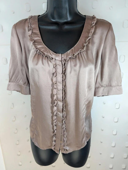 Per Una Speciale 100% Silk Blouse UK14 Taupe Ruffle