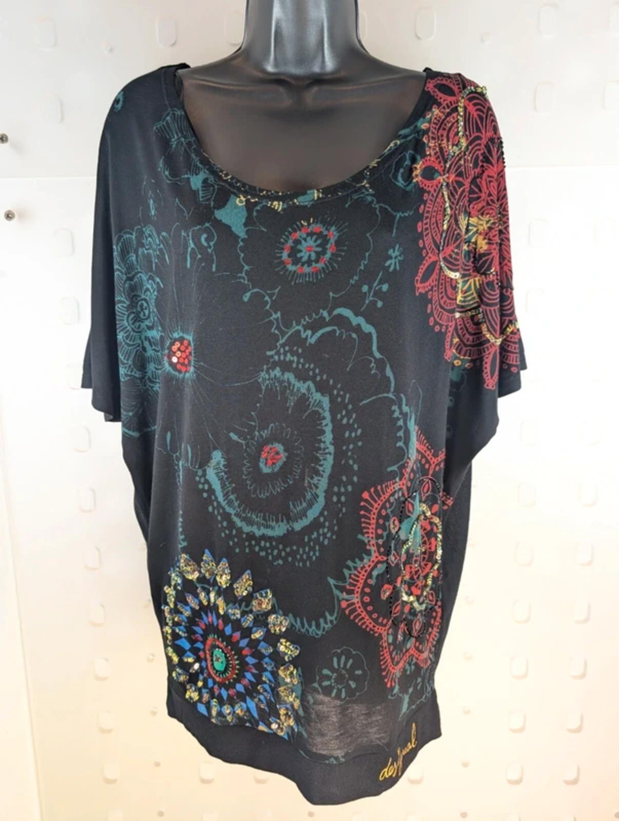 Desigual Batwing Floral Longline Tee – Black Viscose – Size S/M