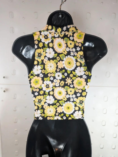 Motel Daisy Print Crop Top Black Yellow XS