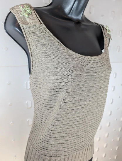 Lucia Khaki Crochet Knit Top Boho Scoop Neck Vest Brooch Detail Lightweight