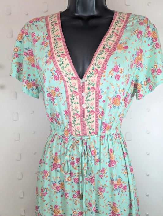 Libby Loves Floral Cotton Midi Dress UK8–10 Green Print