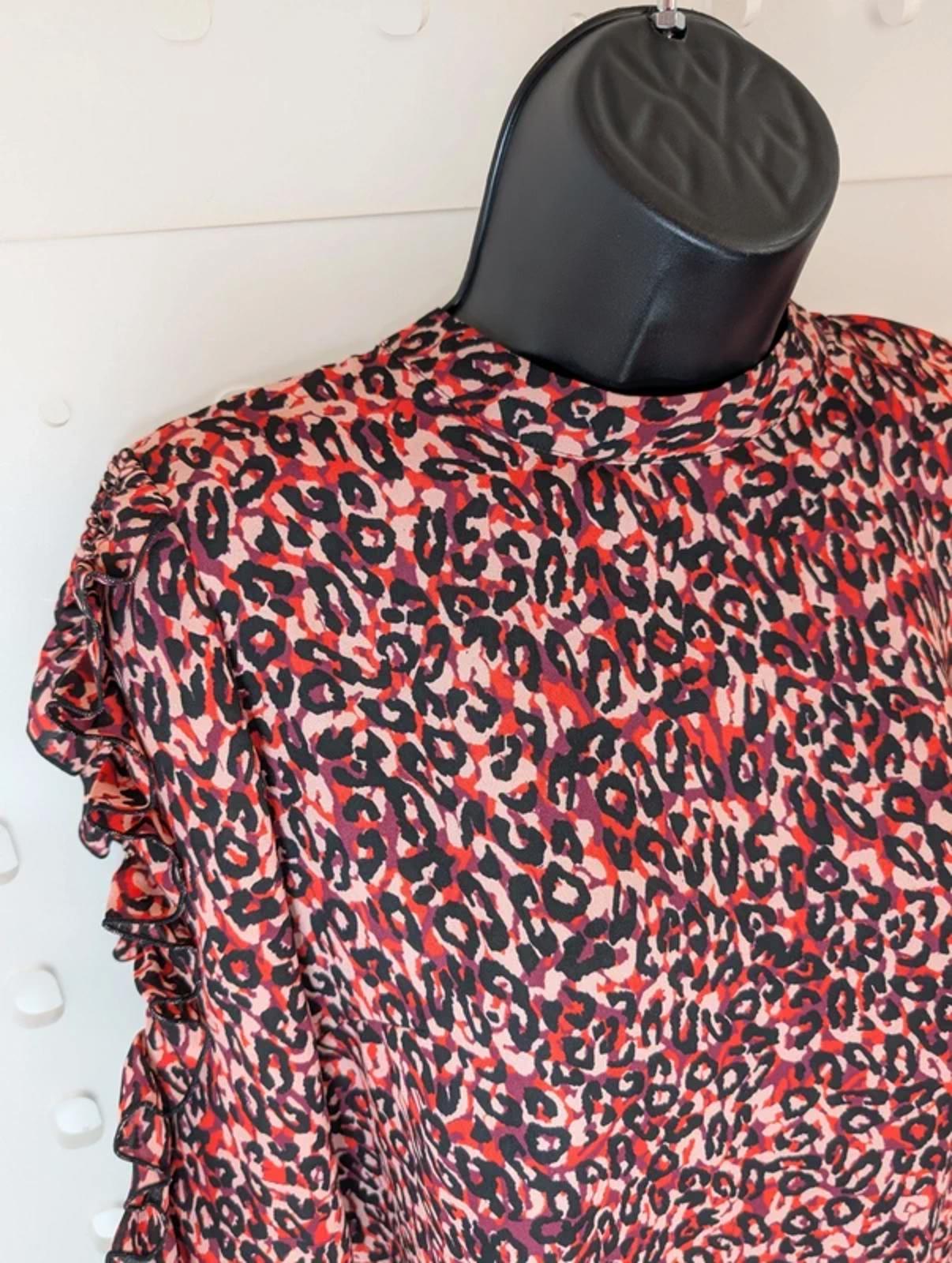 Karen Millen Leopard Print Blouse UK12 Pink Purple Ruffle Sleeve High Neck