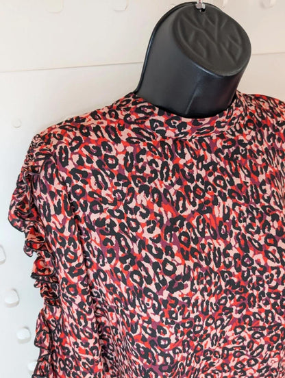 Karen Millen Leopard Print Blouse UK12 Pink Purple Ruffle Sleeve High Neck