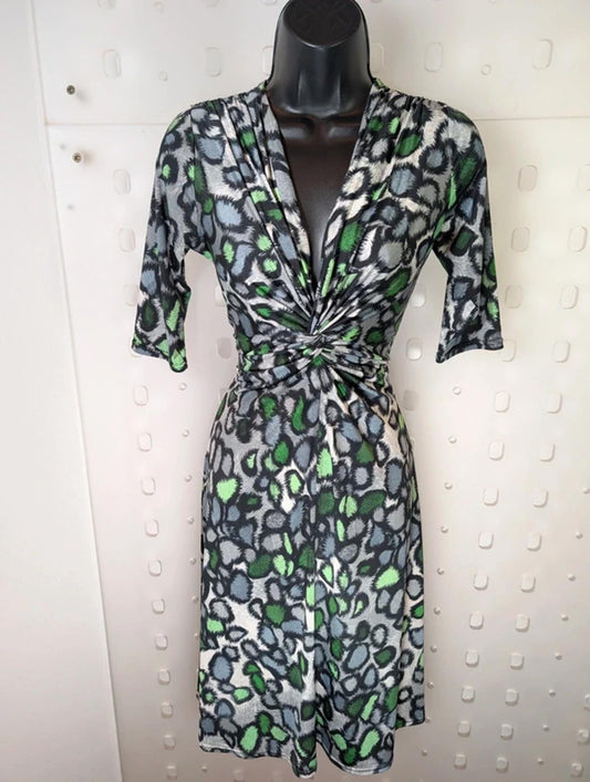 Onjenu London Twist Front Dress UK 8 Grey Green Animal Print Stretch Jersey