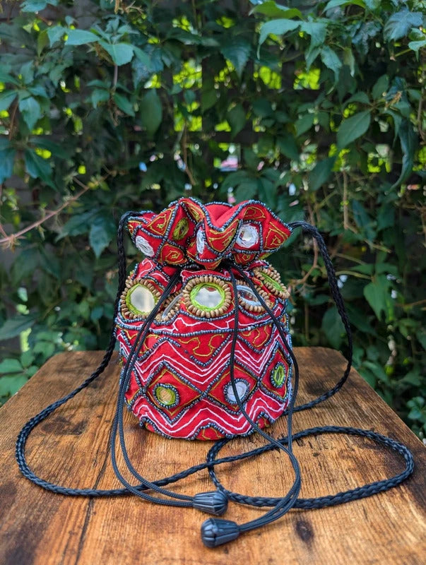 Beaded Bucket Bag Red Festival Crossbody