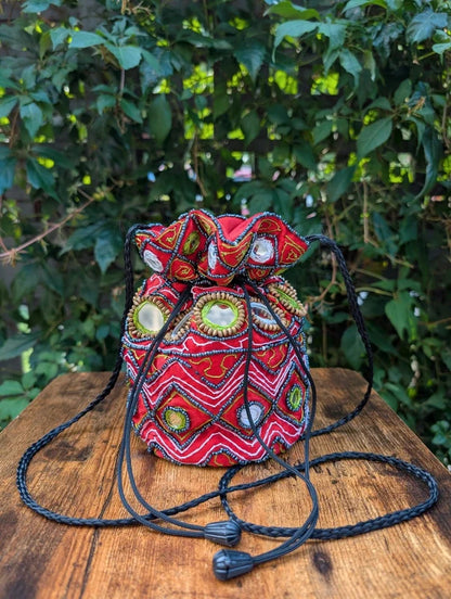 Beaded Bucket Bag Red Festival Crossbody