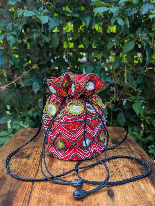 Beaded Bucket Bag Red Festival Crossbody