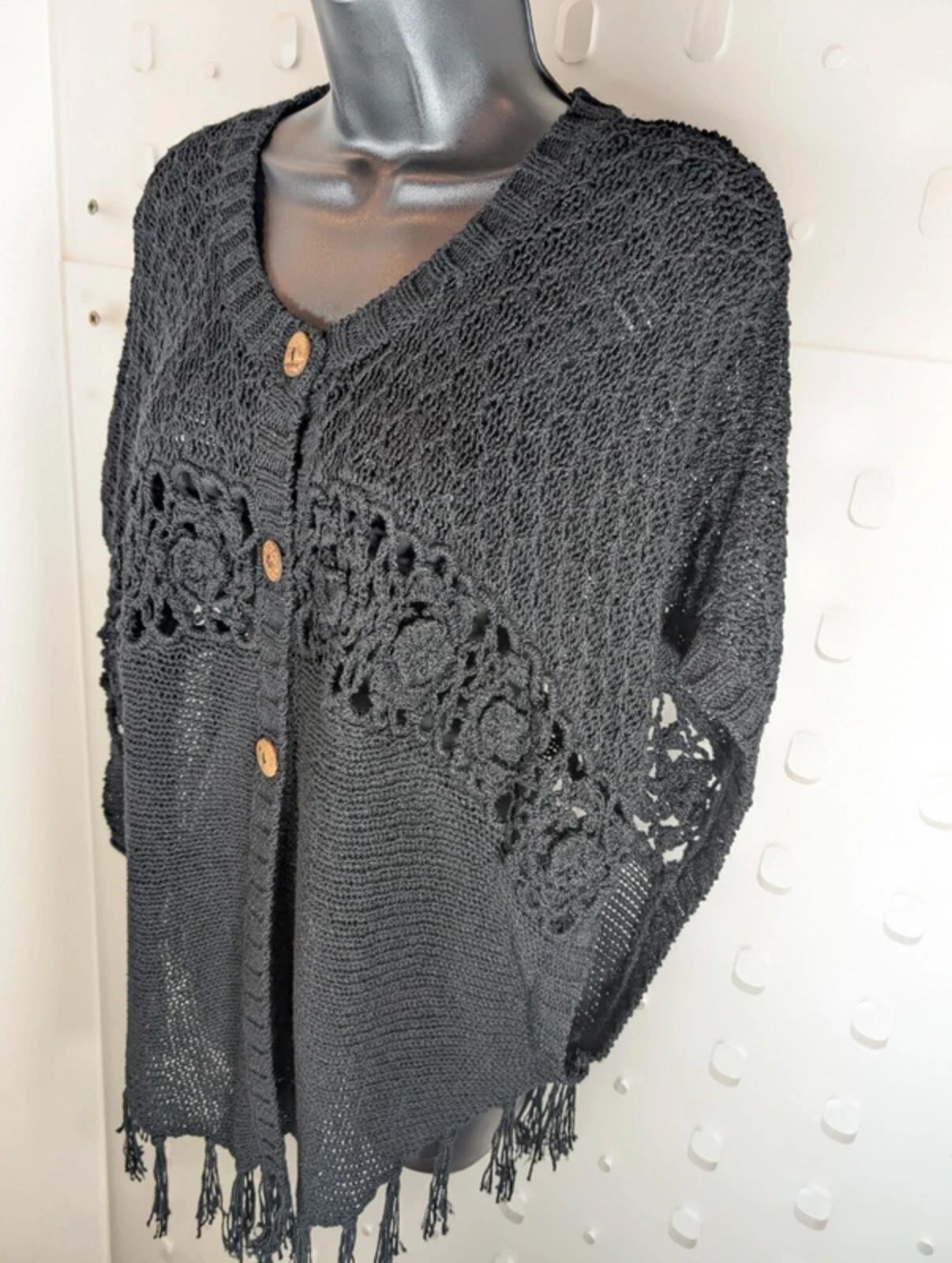 Nina Murati oversized black crochet tassel cardigan S/M