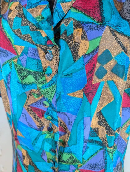 Vintage Patra Pure Silk Blouse Colourful Print Short Sleeve Shoulder Pads EU 38