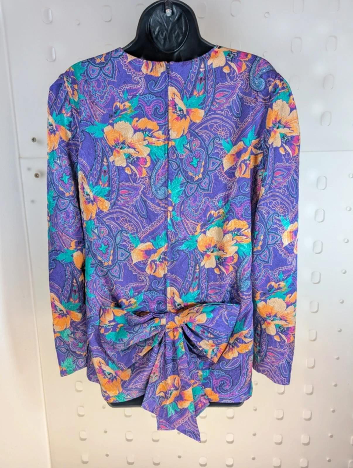 Vintage Melissa Purple Paisley Blouse Statement Bow Back Iridescent 80s Style