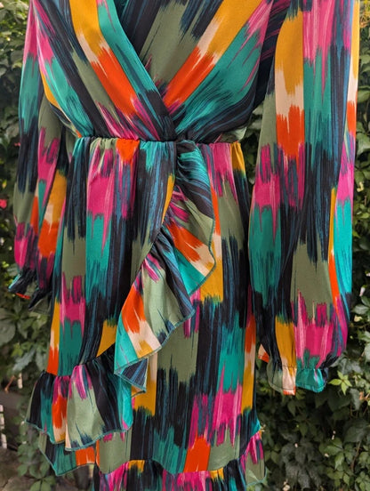 J S Millenium Satin Brush Stroke Wrap Mini Dress Large