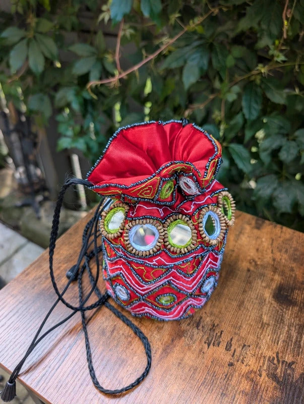 Beaded Bucket Bag Red Festival Crossbody