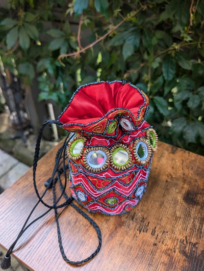 Beaded Bucket Bag Red Festival Crossbody