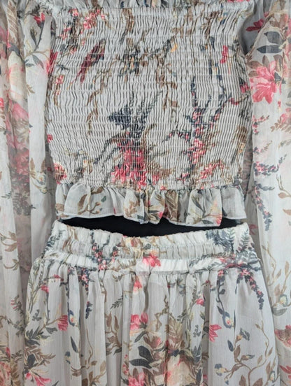 Sheer Floral Co-Ord Set Shirred Crop Top & Wide Leg Trousers Boho XS