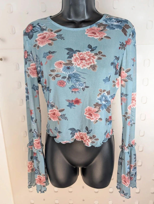 Y2K Blue Floral Mesh Top Size L Sheer Stretch